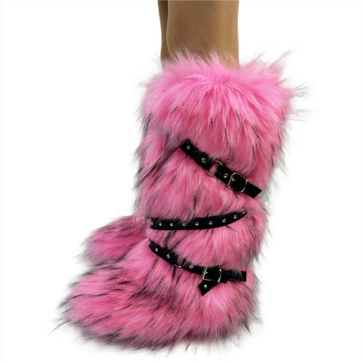 Faux Fur Boots Rivet Cross Belt Buckle Knee High Boots Winter Plush Warm Women's Casual Shoes Snow Boots