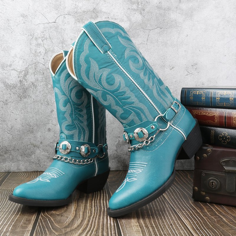 Red Women Booties Ankle Cowgirl Western Boots Stitched Embroidered Pointed Toe Short Chunky Classic Cowboy Boots
