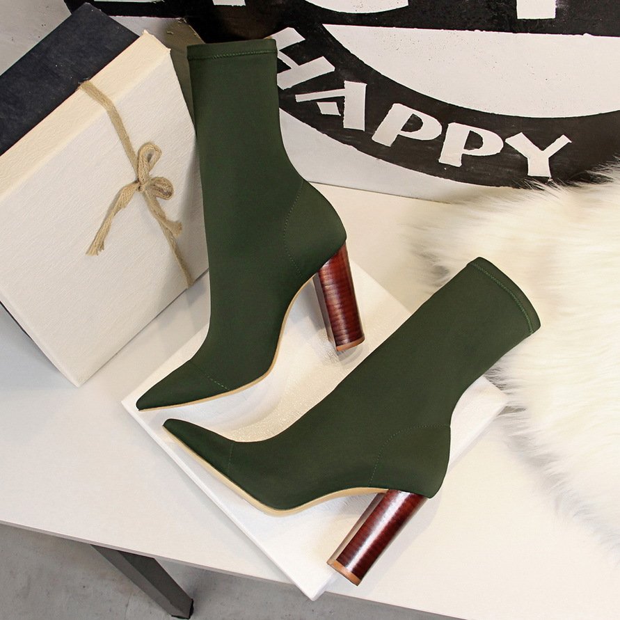 34-43 Pointed Sexy Nightclub Boots Fashion Simple Wood Heel Boots Thick Heel High Short High Heel Pumps Boots