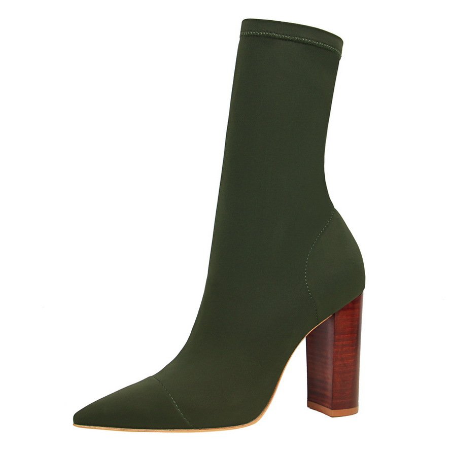 34-43 Pointed Sexy Nightclub Boots Fashion Simple Wood Heel Boots Thick Heel High Short High Heel Pumps Boots