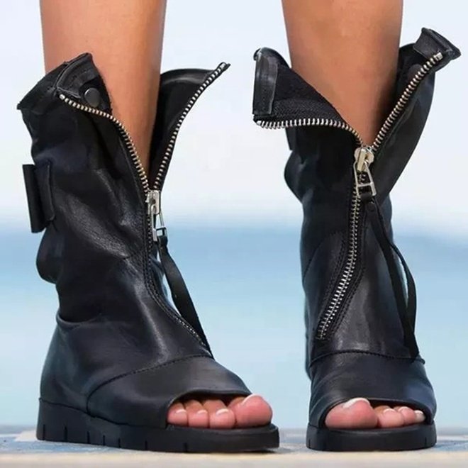 Wholesale Flat Shoes In China Sexy Black White Red Tassel Zip Open Toe Women Casual Shoes Autumn Faux Leather Short Ankle Boots