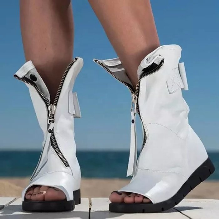 Wholesale Flat Shoes In China Sexy Black White Red Tassel Zip Open Toe Women Casual Shoes Autumn Faux Leather Short Ankle Boots