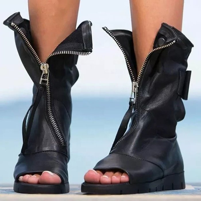 Wholesale Flat Shoes In China Sexy Black White Red Tassel Zip Open Toe Women Casual Shoes Autumn Faux Leather Short Ankle Boots