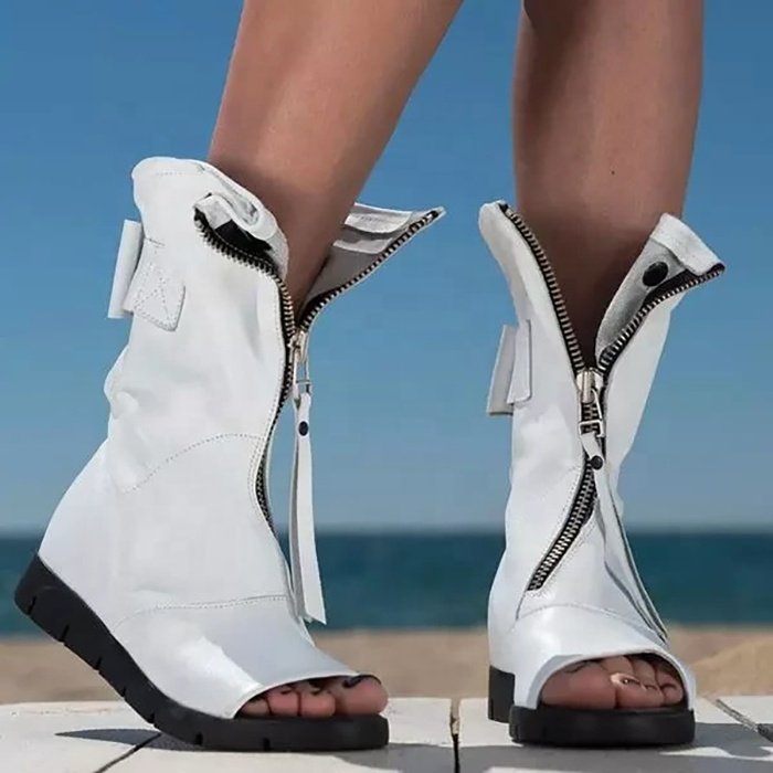 Wholesale Flat Shoes In China Sexy Black White Red Tassel Zip Open Toe Women Casual Shoes Autumn Faux Leather Short Ankle Boots