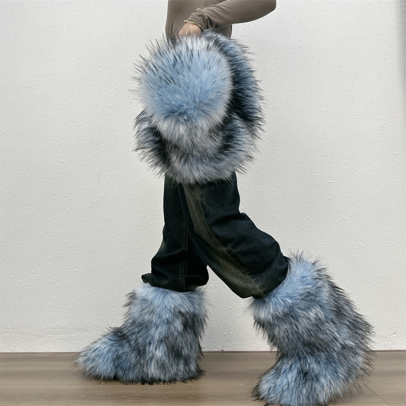Y2k Fur Snow Boots and hat set of for Women Winter Warm Plush Boots Outdoor Platform Mid Calf Boots Furry Cute Girl Shoes