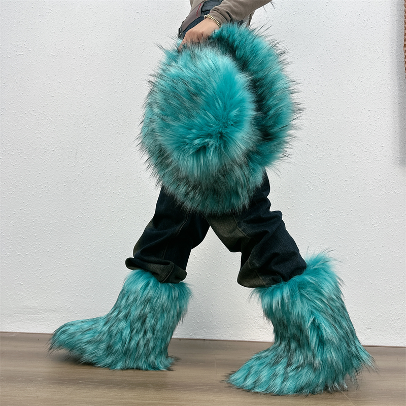 Y2k Fur Snow Boots and hat set of for Women Winter Warm Plush Boots Outdoor Platform Mid Calf Boots Furry Cute Girl Shoes