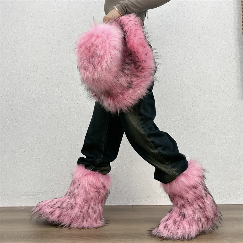 Y2k Fur Snow Boots and hat set of for Women Winter Warm Plush Boots Outdoor Platform Mid Calf Boots Furry Cute Girl Shoes