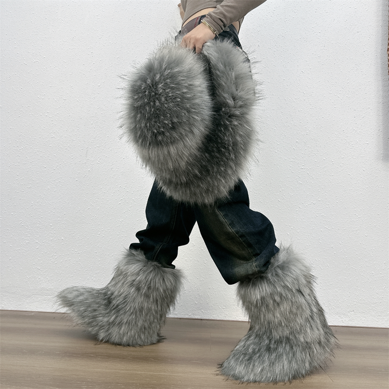 Y2k Fur Snow Boots and hat set of for Women Winter Warm Plush Boots Outdoor Platform Mid Calf Boots Furry Cute Girl Shoes