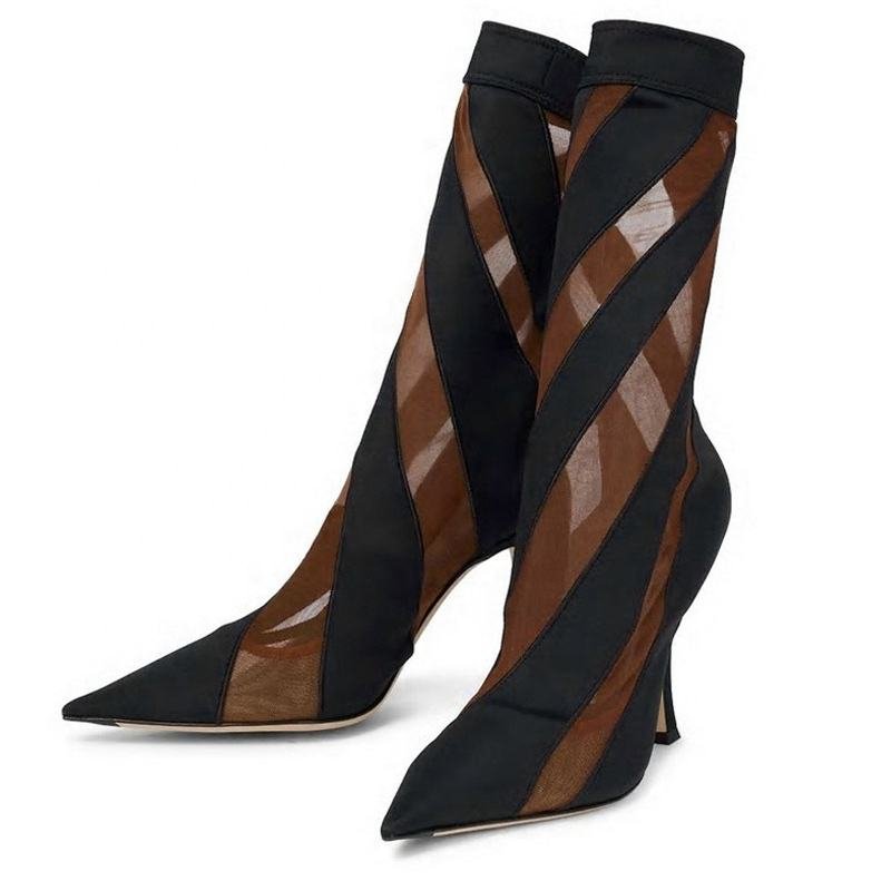European American Color Matching Mesh Socks Boots 2023 New Pointed Elastic High Heels Transparent Large Size Cool Boots