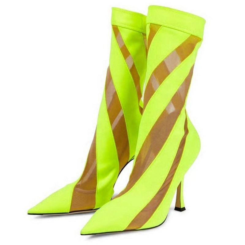 European American Color Matching Mesh Socks Boots 2023 New Pointed Elastic High Heels Transparent Large Size Cool Boots