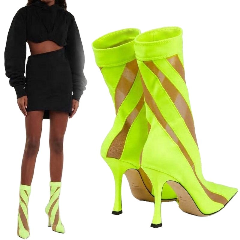 European American Color Matching Mesh Socks Boots 2023 New Pointed Elastic High Heels Transparent Large Size Cool Boots