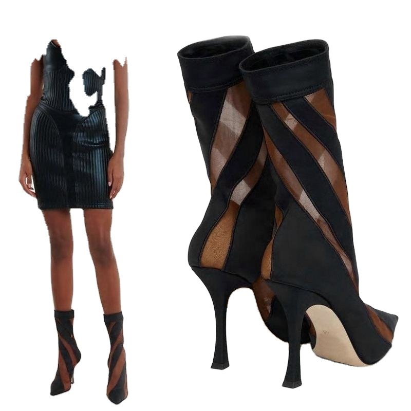 European American Color Matching Mesh Socks Boots 2023 New Pointed Elastic High Heels Transparent Large Size Cool Boots