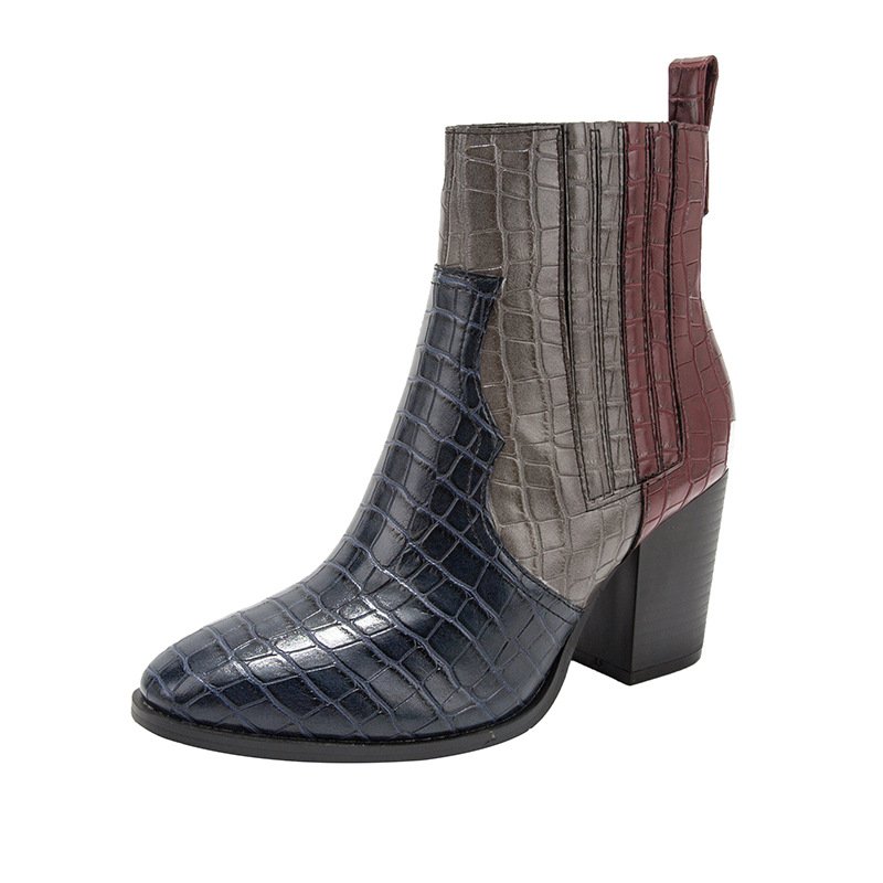 Women Winter Mixed Colors Ankle Boots Female Square Heels Shoes Slip-on Leather Mid Heels Chelsea Boots