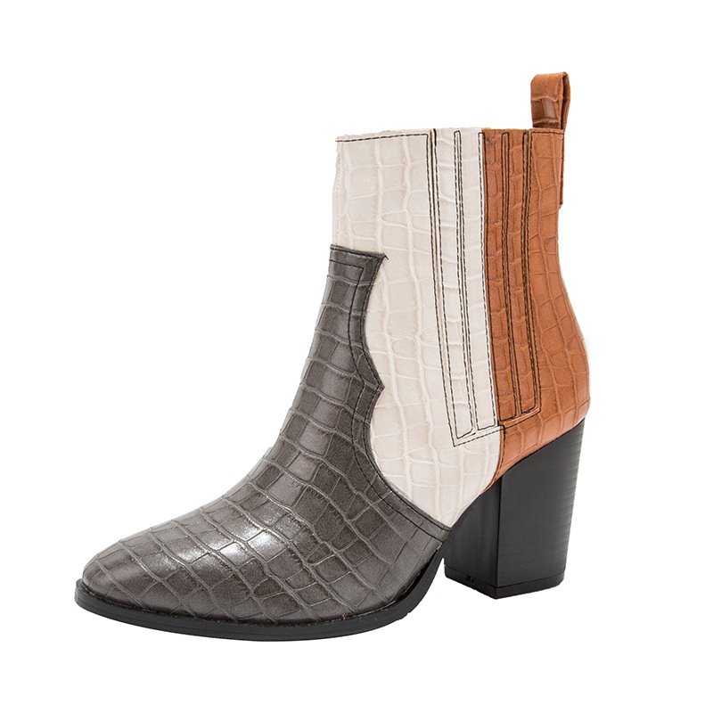 Women Winter Mixed Colors Ankle Boots Female Square Heels Shoes Slip-on Leather Mid Heels Chelsea Boots