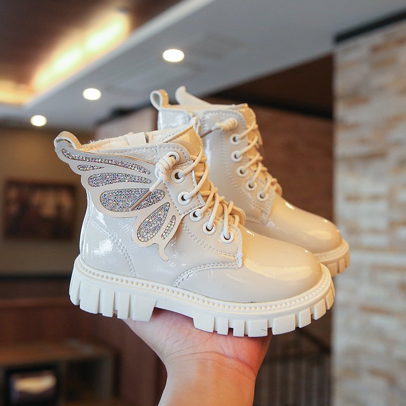 Customized Children Autumn & Winter Platform Ankle Booties Fashion Shiny Chunky Block Heel Girl Wings Combat Boots