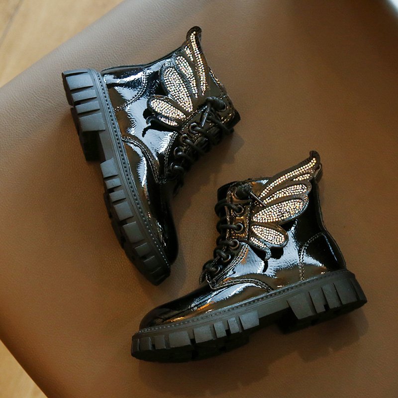 Customized Children Autumn & Winter Platform Ankle Booties Fashion Shiny Chunky Block Heel Girl Wings Combat Boots