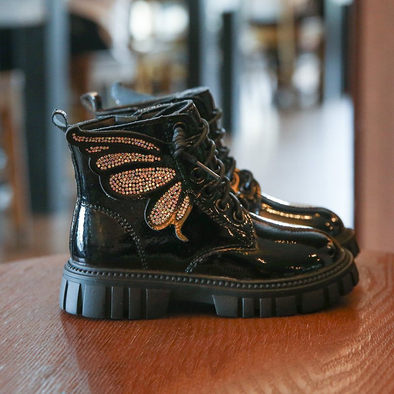 Customized Children Autumn & Winter Platform Ankle Booties Fashion Shiny Chunky Block Heel Girl Wings Combat Boots