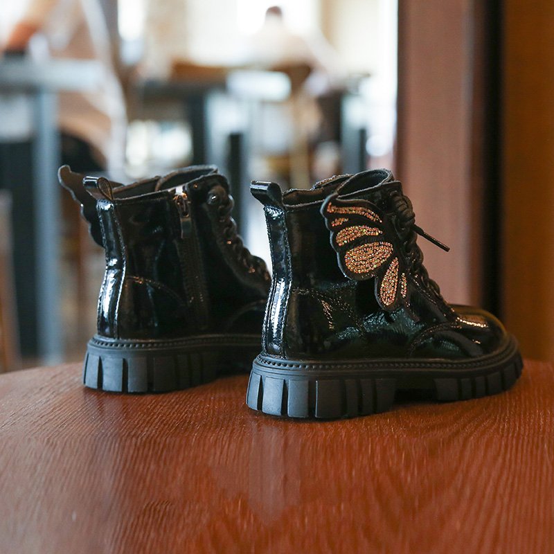 Customized Children Autumn & Winter Platform Ankle Booties Fashion Shiny Chunky Block Heel Girl Wings Combat Boots