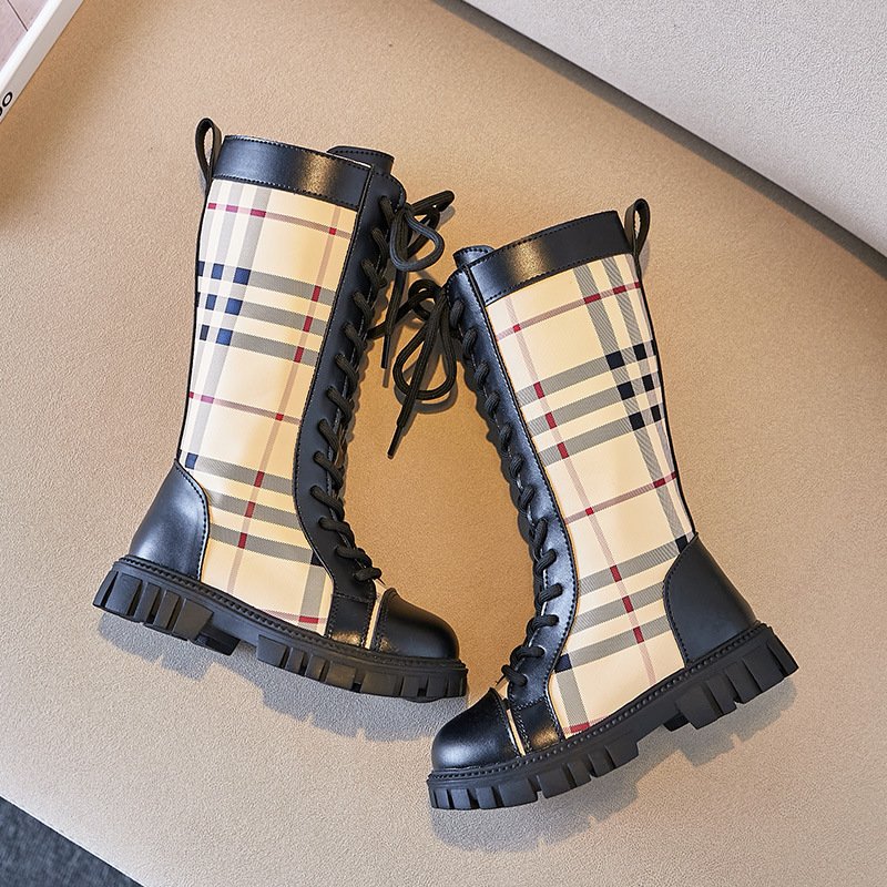 New Spring and Autumn Plaid thick-bottom princess boots fashion long boots for girls