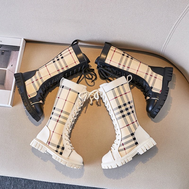 New Spring and Autumn Plaid thick-bottom princess boots fashion long boots for girls