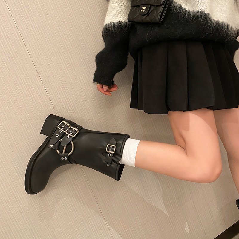 2023 New Vintage Tawny Motorcycle Boots Round Toe Flat Thick Sole Women Ankle Boots With Buckle Decor