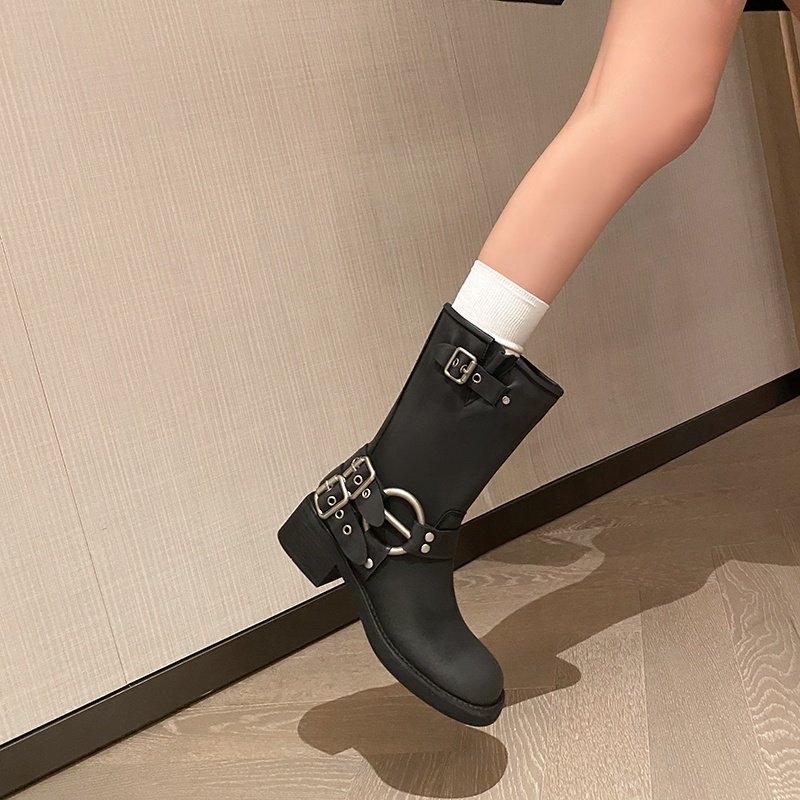 2023 New Vintage Tawny Motorcycle Boots Round Toe Flat Thick Sole Women Ankle Boots With Buckle Decor