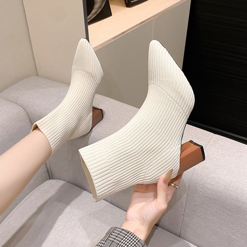 Elastic Fabric 2024 New Heels Autumn Winter Stretch Pointed Toe Ankle Sock Boots For Women Knitted Stretch Boots