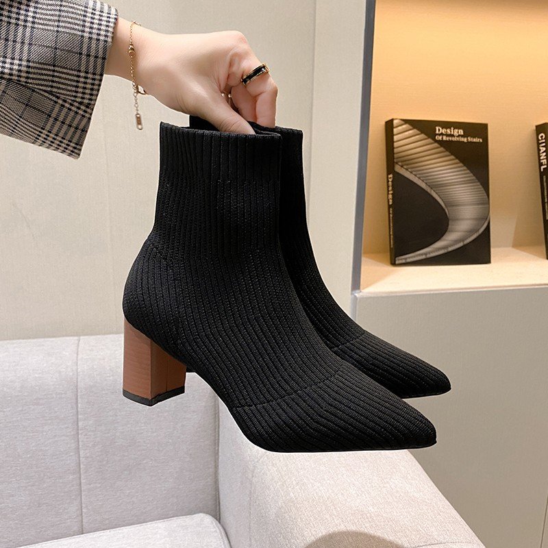 Elastic Fabric 2024 New Heels Autumn Winter Stretch Pointed Toe Ankle Sock Boots For Women Knitted Stretch Boots