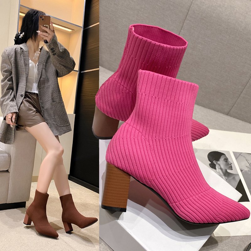Elastic Fabric 2024 New Heels Autumn Winter Stretch Pointed Toe Ankle Sock Boots For Women Knitted Stretch Boots