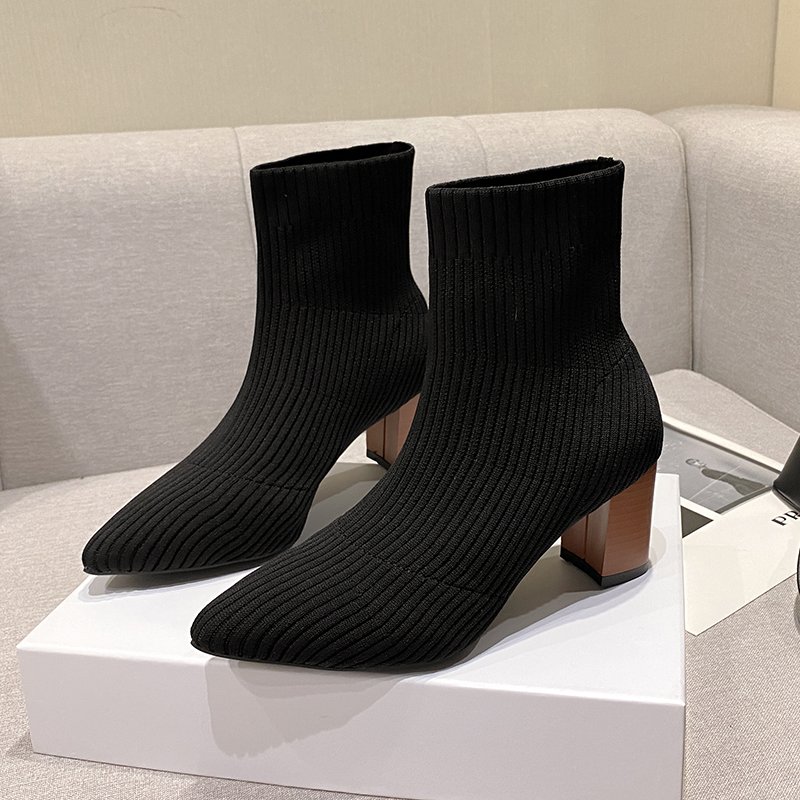 Elastic Fabric 2024 New Heels Autumn Winter Stretch Pointed Toe Ankle Sock Boots For Women Knitted Stretch Boots