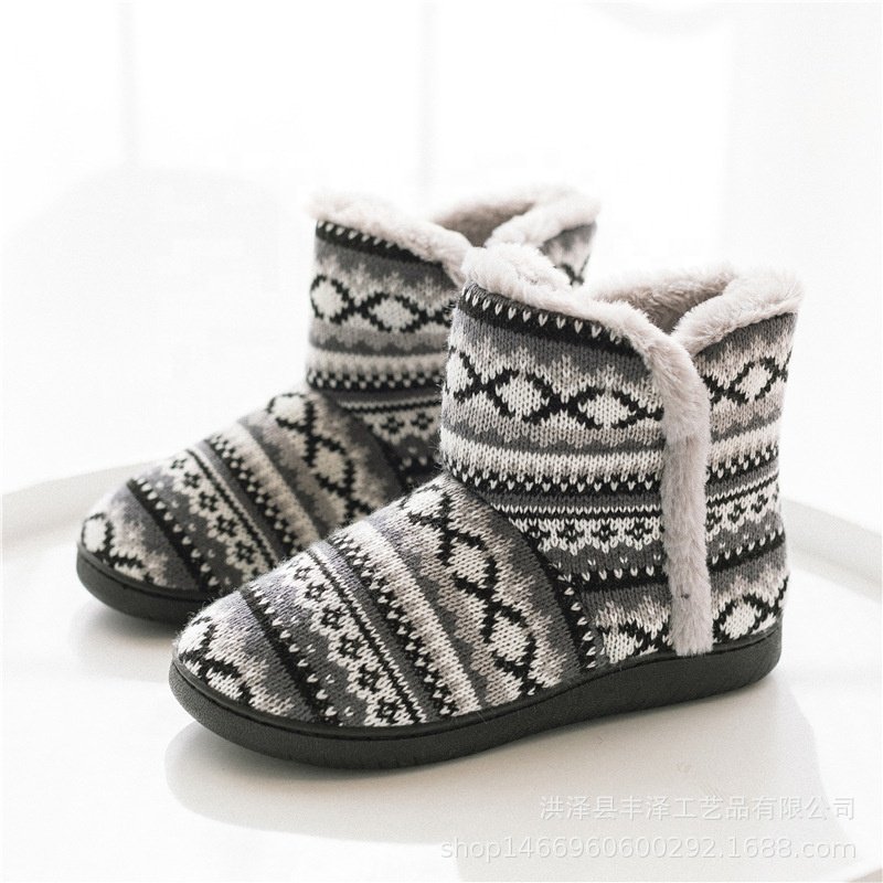 women man winter jacquard knitted fabric plush home warm indoor slipper boot bootie