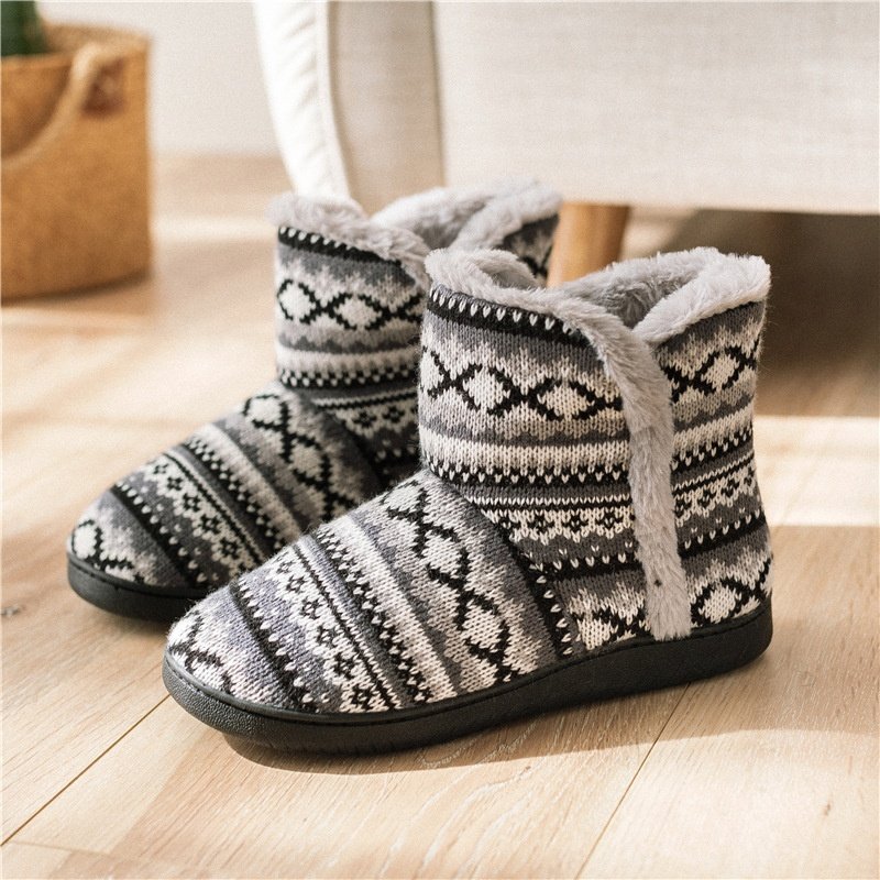 women man winter jacquard knitted fabric plush home warm indoor slipper boot bootie