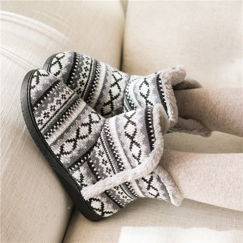 women man winter jacquard knitted fabric plush home warm indoor slipper boot bootie