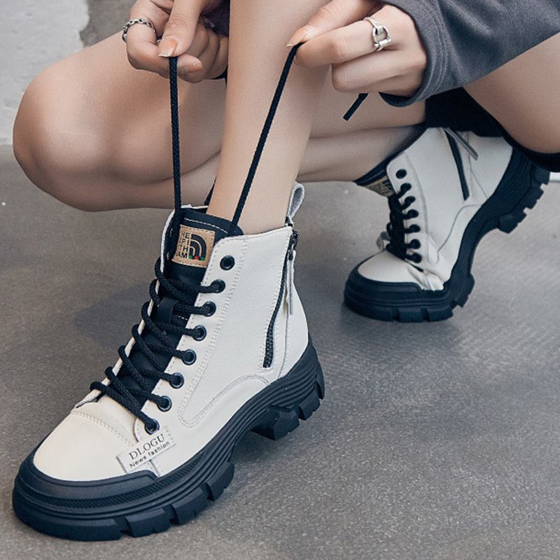 Genuine Leather Ankle Boots Women 2023 New Sneakers Classic Platform Walking Shoes Zipper Round Toe Wholesale