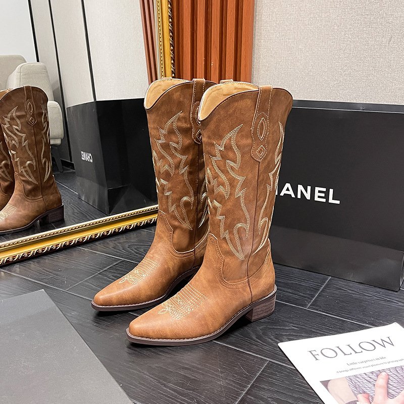 Knee High Wide Calf Cowgirl Boots with Classic Embroidered Slip On Pointed Toe Chunk