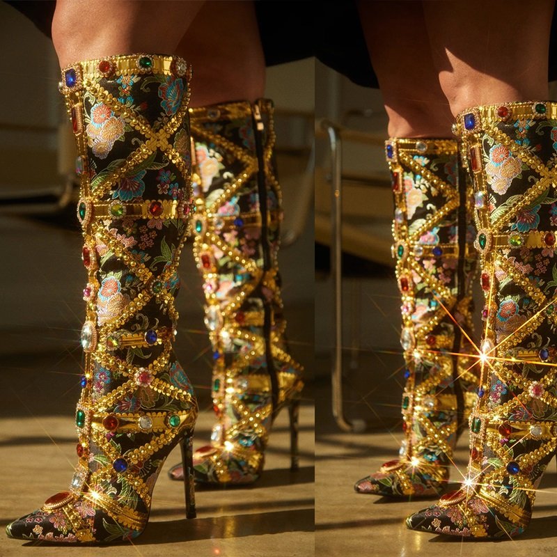 Crystal Long Boots Buckle Mental Heels Side Zipper Colorful Over the Knee Boots Thin High Heel New Autumn Winter Women Shoes 42