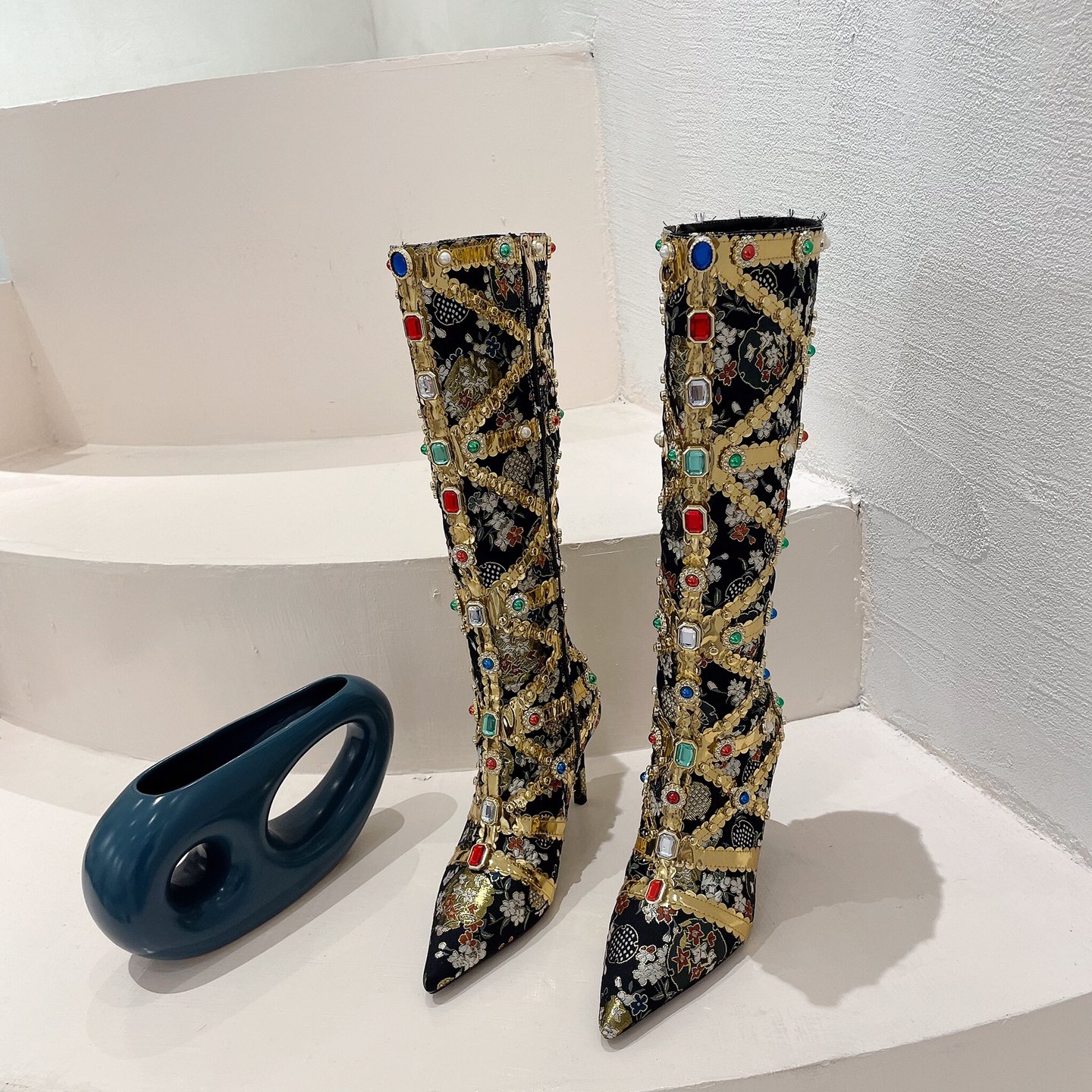 Crystal Long Boots Buckle Mental Heels Side Zipper Colorful Over the Knee Boots Thin High Heel New Autumn Winter Women Shoes 42