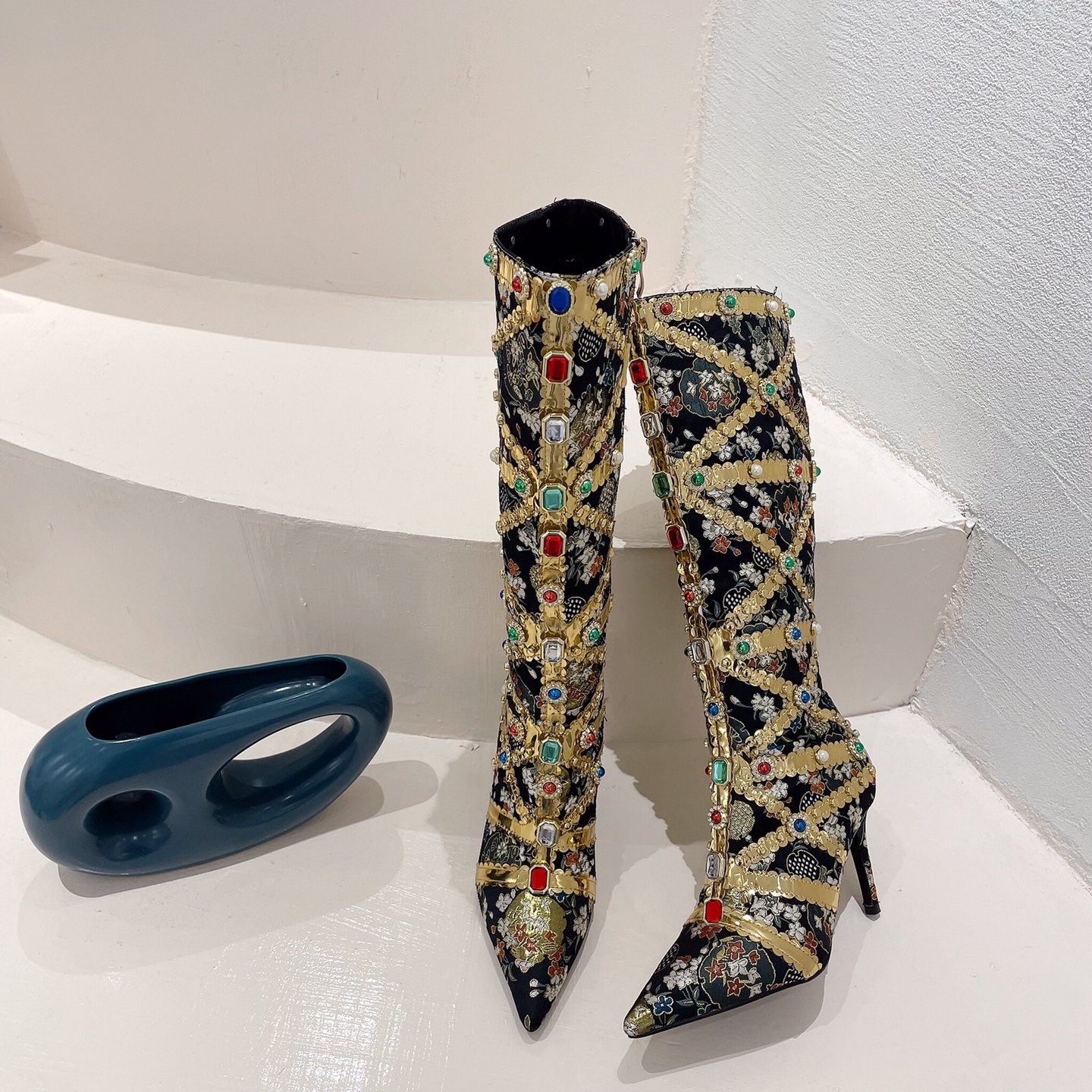 Crystal Long Boots Buckle Mental Heels Side Zipper Colorful Over the Knee Boots Thin High Heel New Autumn Winter Women Shoes 42