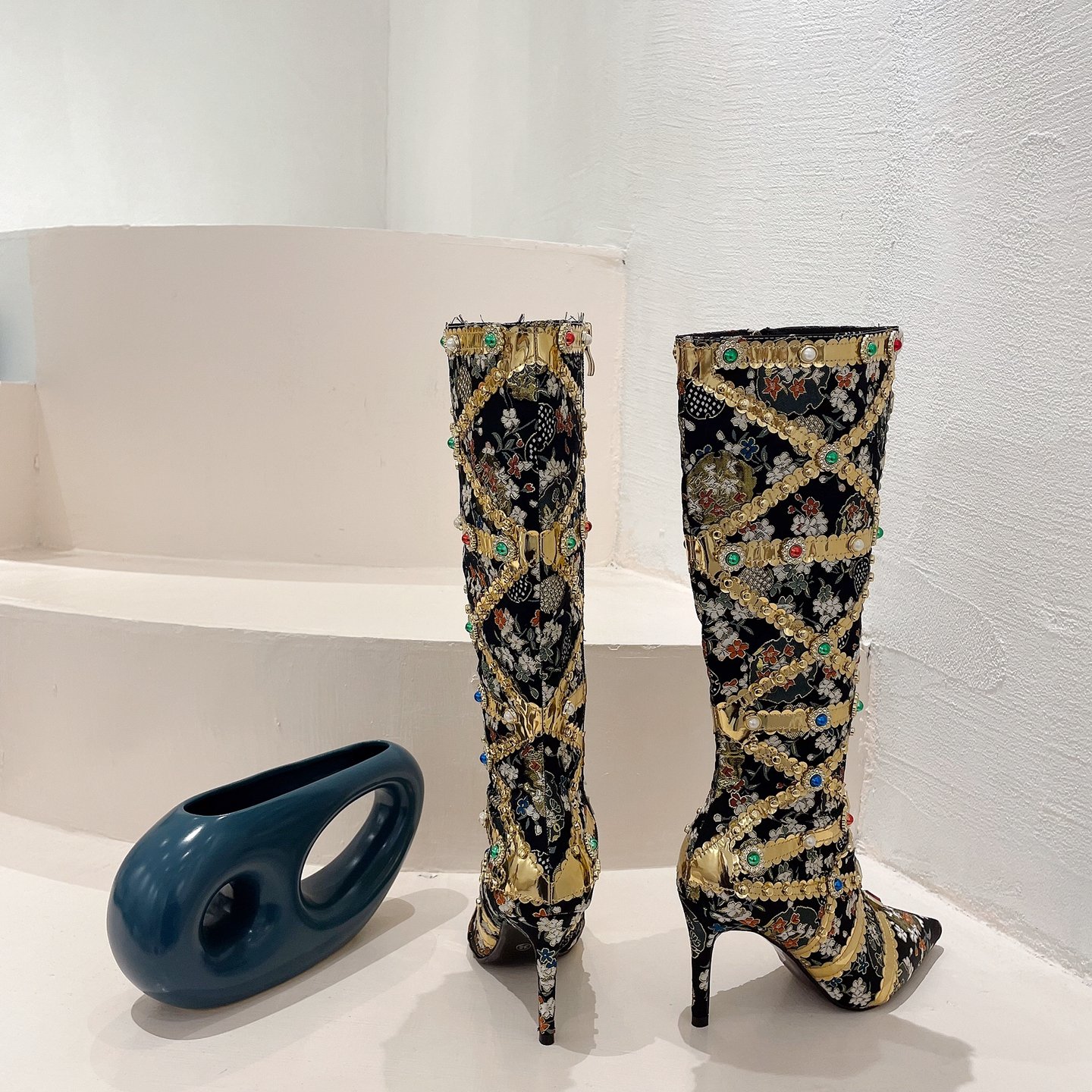 Crystal Long Boots Buckle Mental Heels Side Zipper Colorful Over the Knee Boots Thin High Heel New Autumn Winter Women Shoes 42