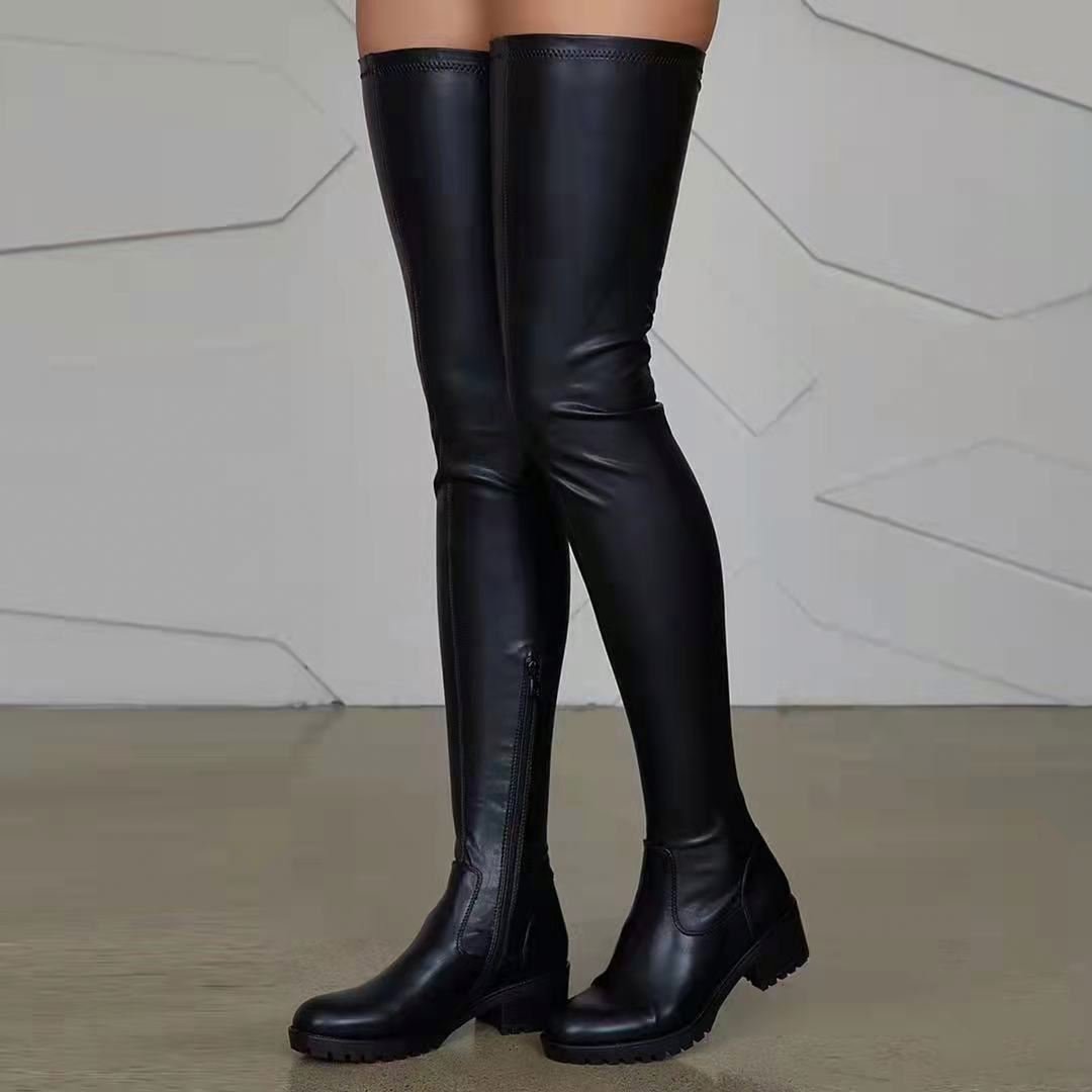 Women's Over-The-Knee Fashion Boots Round Toe High Rider Boots With Oversized Chunky Heels