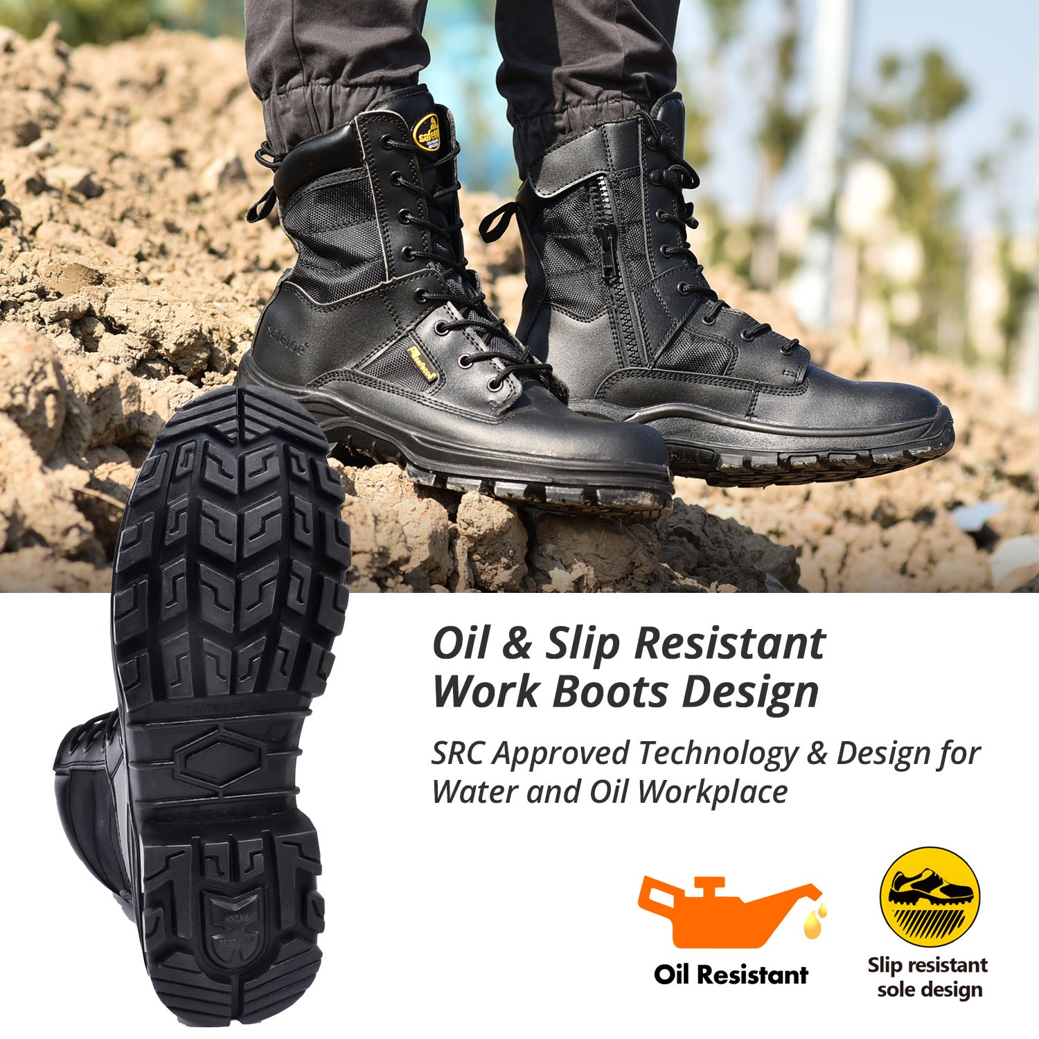 Steel Toe Cap Tactical Combat Safety Work Boots for Mens With Zip Lock