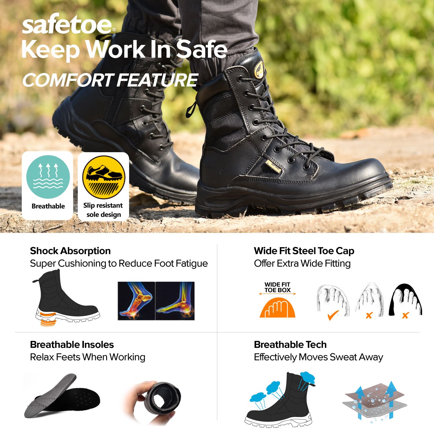 Steel Toe Cap Tactical Combat Safety Work Boots for Mens With Zip Lock