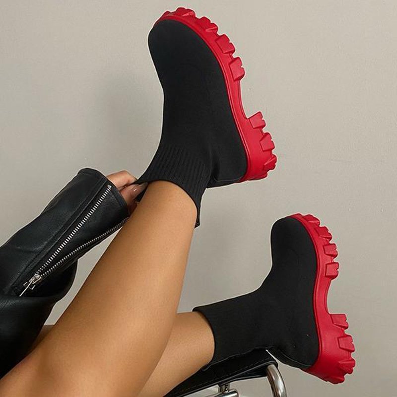 2022 thick-soled round toe martin boots large size solid color knitted ankle boots autumn and winter thick soled socks boots