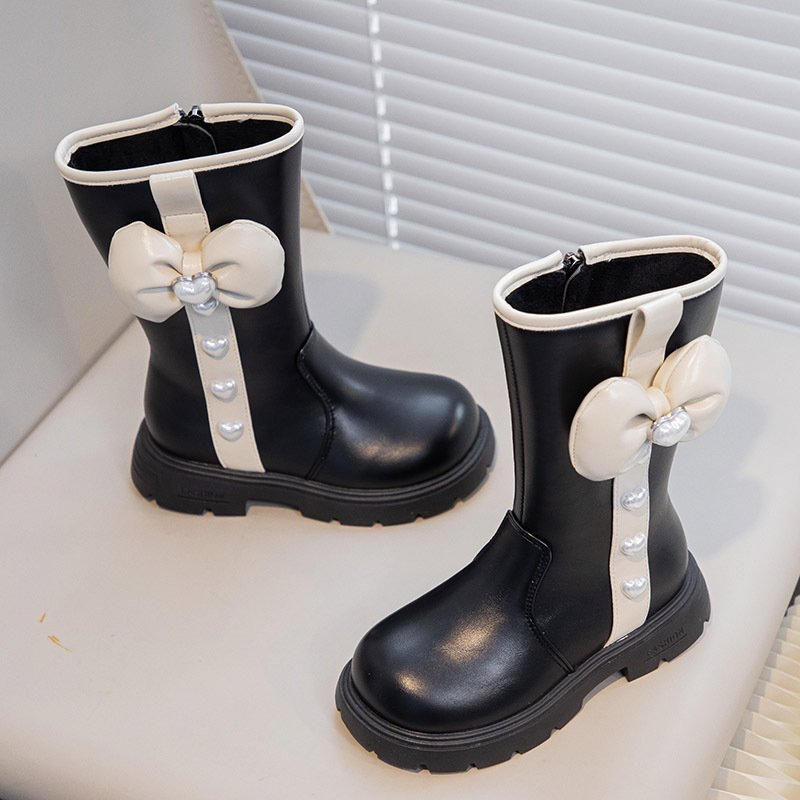 New Sweet Style Autumn Winter Kids Pu Leather Shoes Bow Warm Princess Baby Girl High Boots