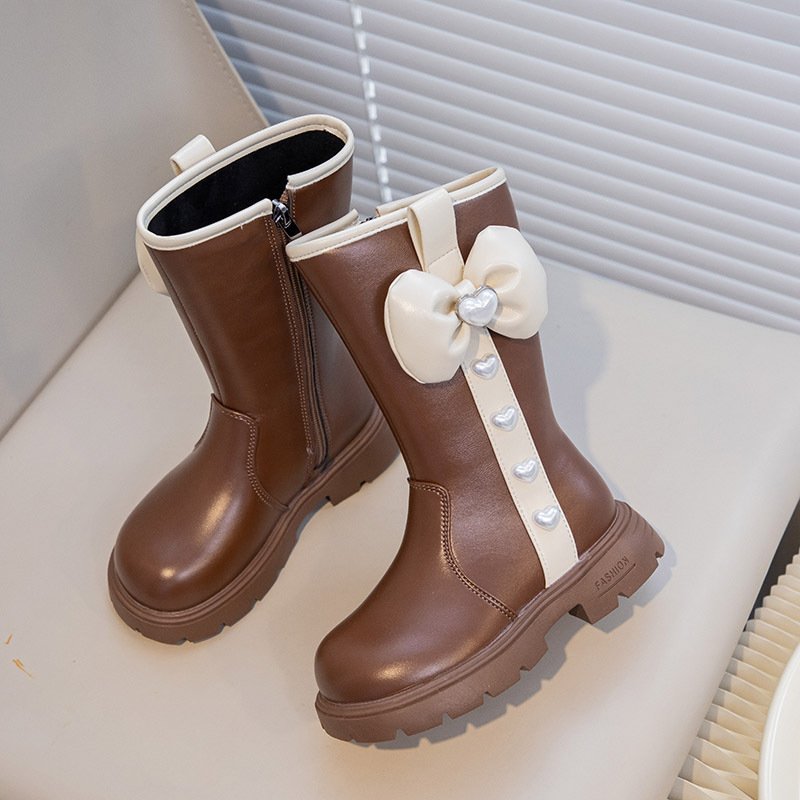 New Sweet Style Autumn Winter Kids Pu Leather Shoes Bow Warm Princess Baby Girl High Boots