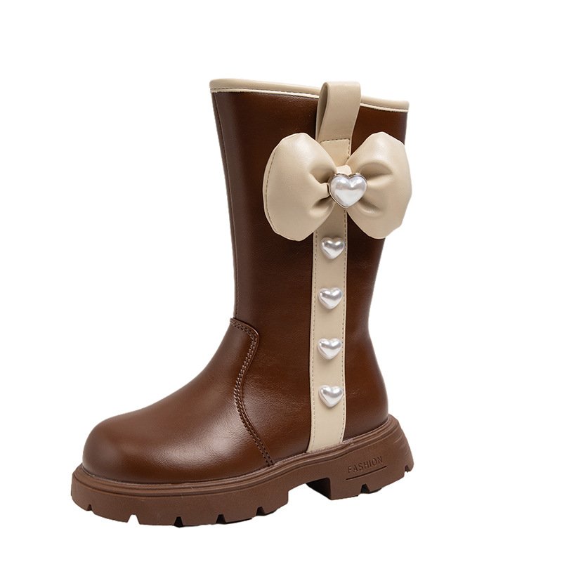 New Sweet Style Autumn Winter Kids Pu Leather Shoes Bow Warm Princess Baby Girl High Boots
