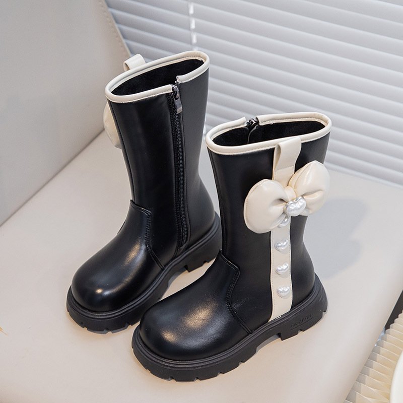 New Sweet Style Autumn Winter Kids Pu Leather Shoes Bow Warm Princess Baby Girl High Boots