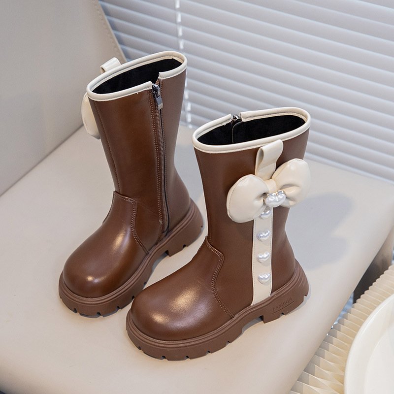 New Sweet Style Autumn Winter Kids Pu Leather Shoes Bow Warm Princess Baby Girl High Boots