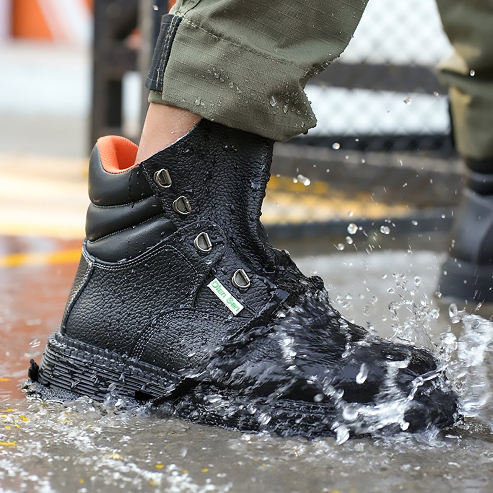 Men's Waterproof Leather Anti-slip and oil-proof Outdoor Work Safety Boots High Top Gusseted tongue Black Steel Toe Work Boots
