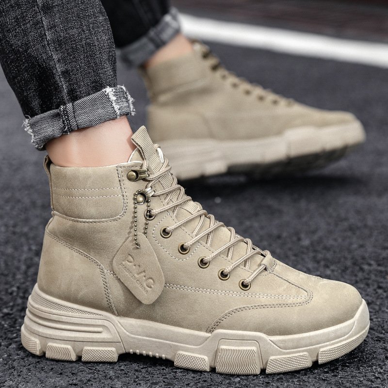 Autumn New Men's Mid-top Tooling Trendy Shoes High-top British Style Boots Customized for Men Packaging Male Black Midi 2 Pairs